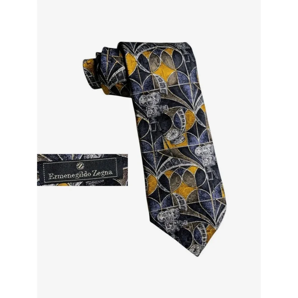 Ermenegildo Zegna Silk Tie Geometric Antique Movie Camera Film 3 3/4” x 59”